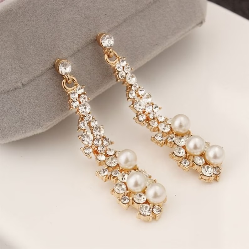 Pearl Diamond Dangle Chandelier Drop Earrings