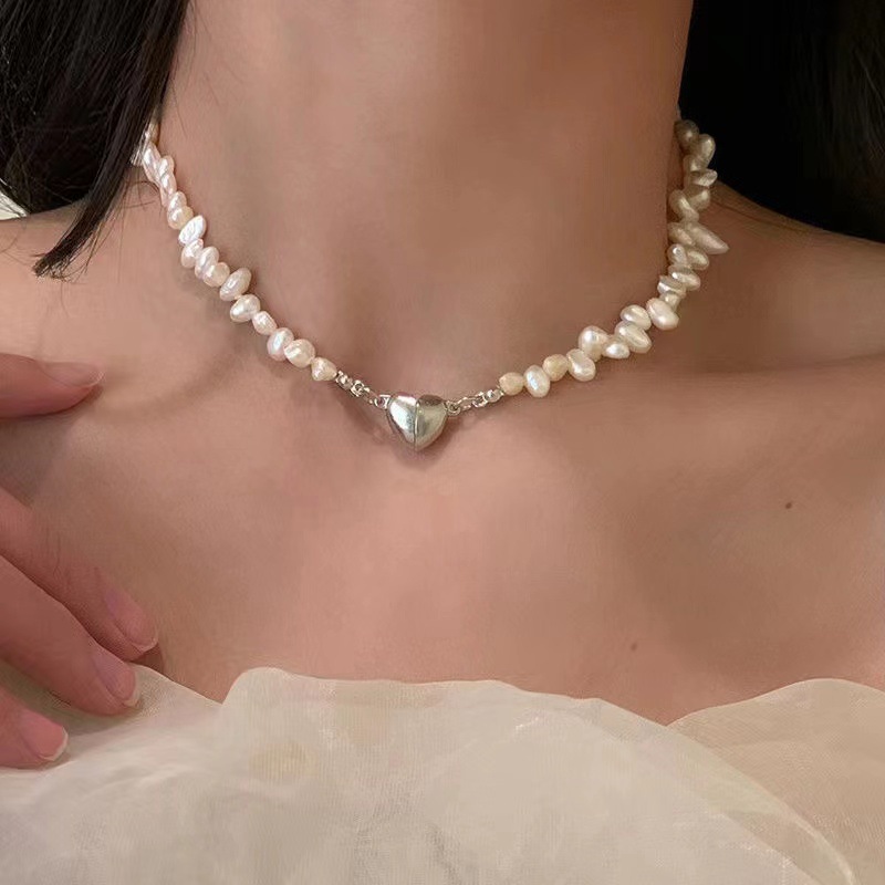 Baroque Natural Pearl Heart Magnetic Necklace-belovejewel.com