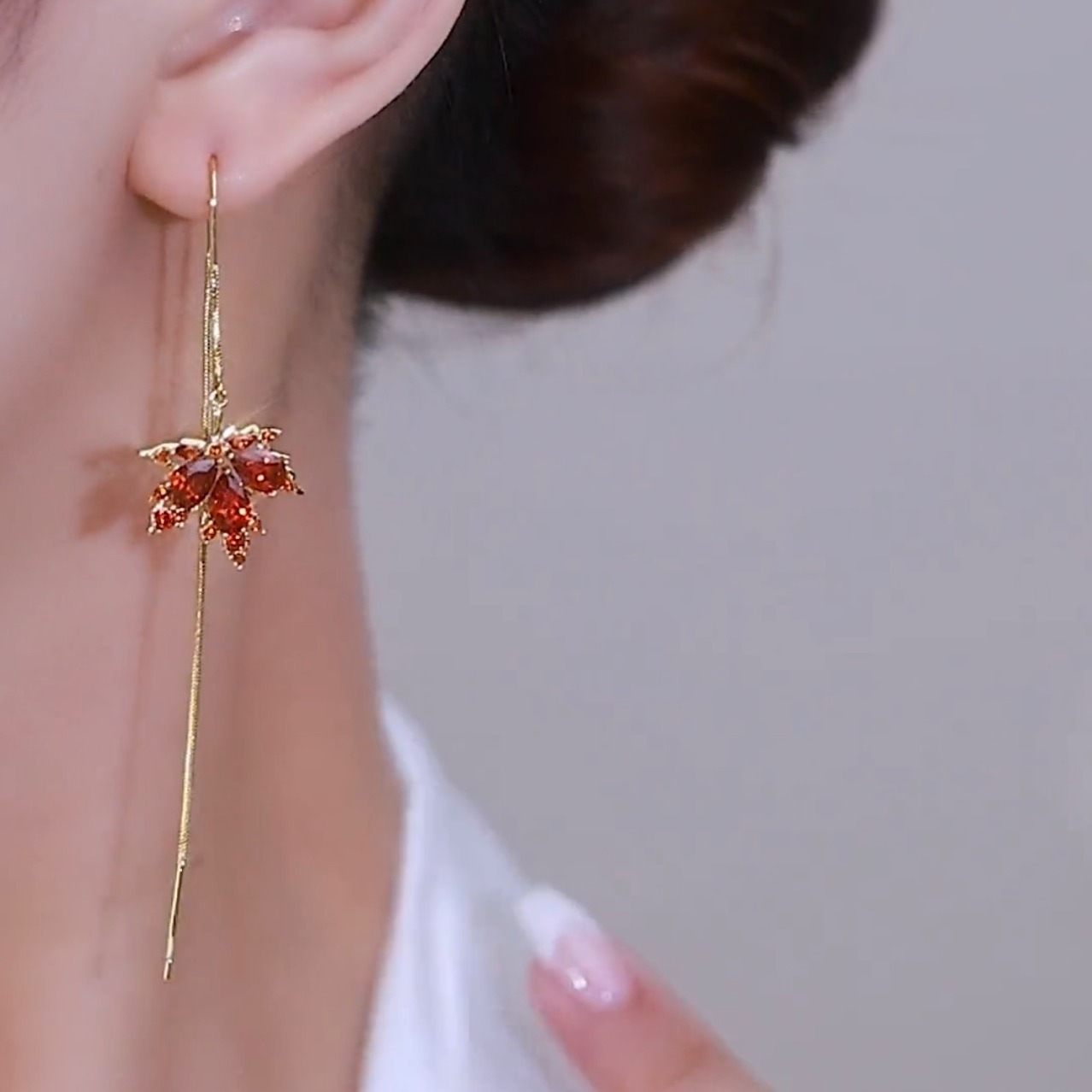 Shiny Crystal Maple Tassel Earrings-belovejewel.com