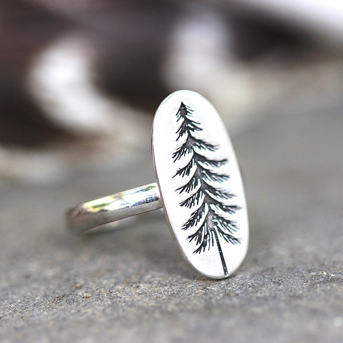 Sterling Silver Etched Pine Tree Ring