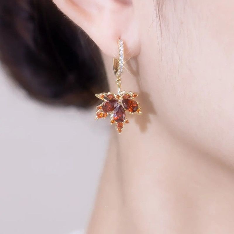 Shiny Crystal Maple Tassel Earrings-belovejewel.com