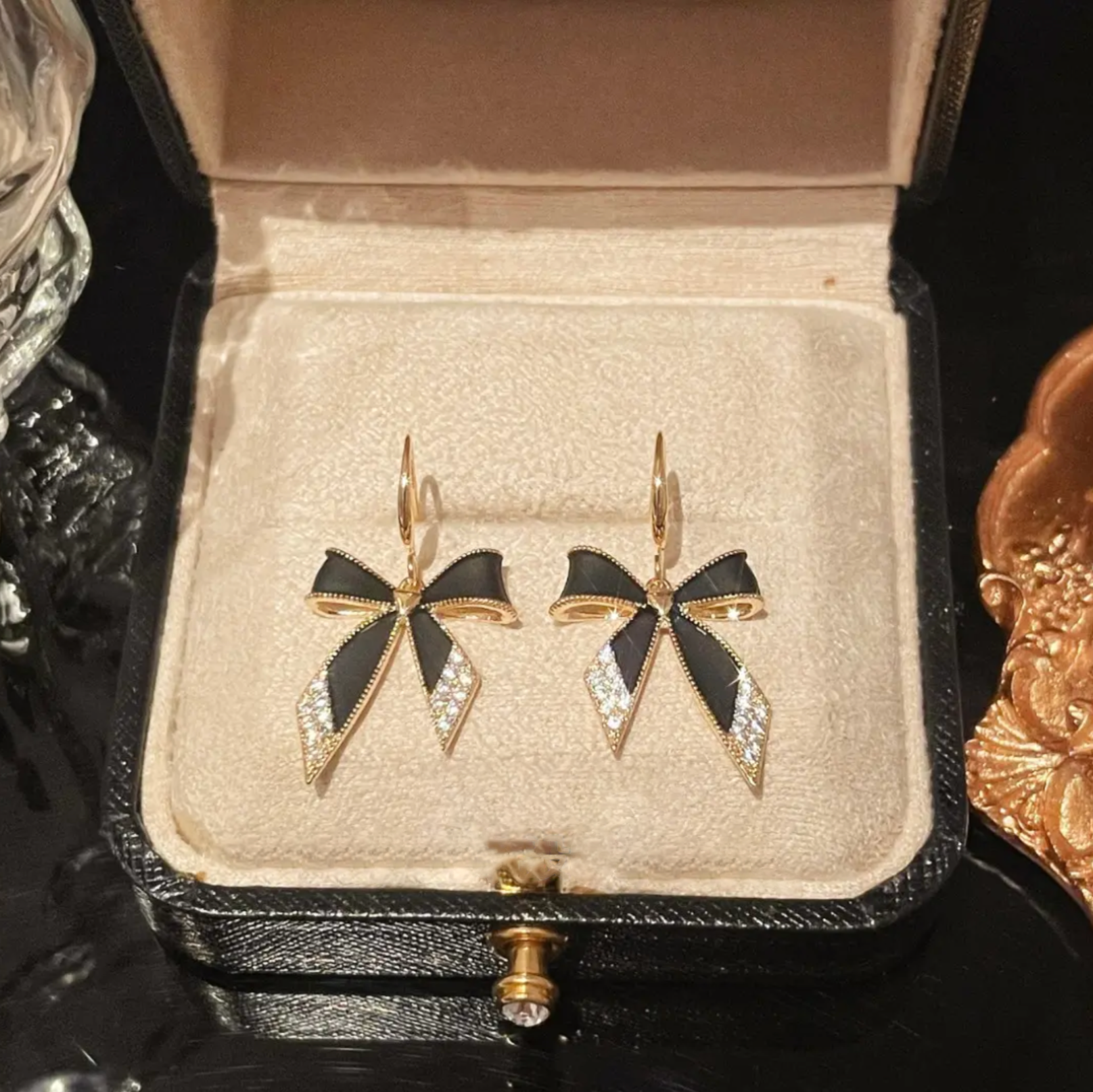 Crystal Elegant Black Bow Earrings-belovejewel.com