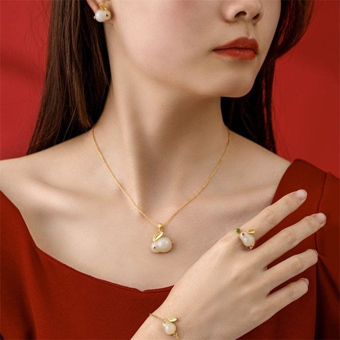 925 Sterling Silver Hetian Jade Lucky Rabbit Jewelry Set-belovejewel.com