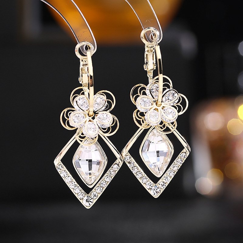 Flower Zircon Rhombic Sapphire Drop Earrings-belovejewel.com