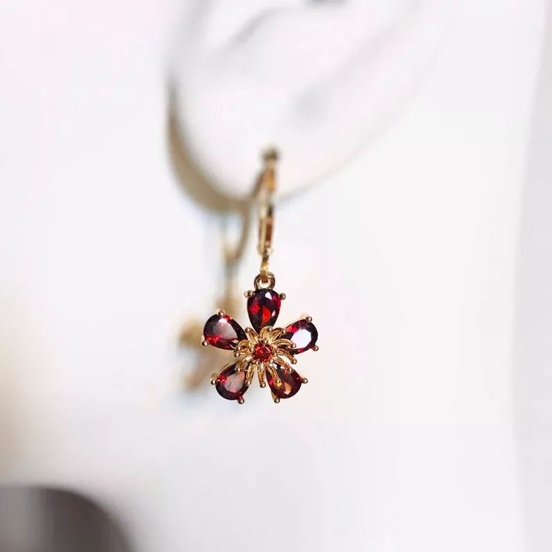 Garnet Flower Dangle Birthstone Earrings | Gift for Her-belovejewel.com