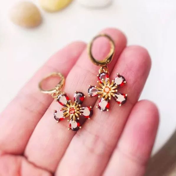 Garnet Flower Dangle Birthstone Earrings | Gift for Her-belovejewel.com