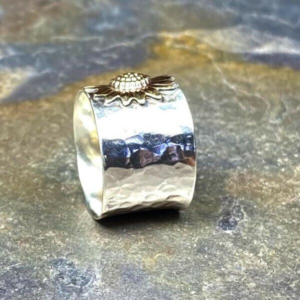 Golden Sunflower Wide Band Silver Ring-belovejewel.com