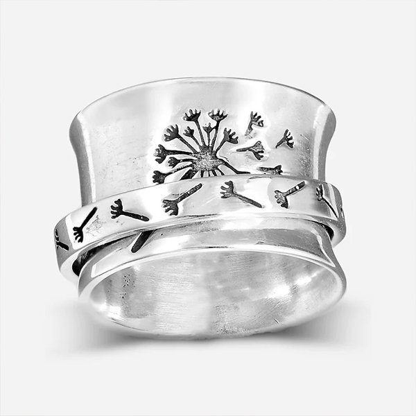 Dandelion Flower Spinner Silver Ring-belovejewel.com