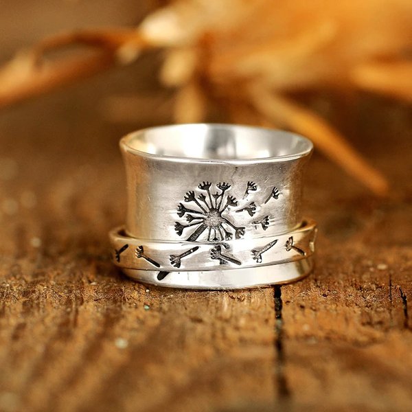 Dandelion Flower Spinner Silver Ring-belovejewel.com