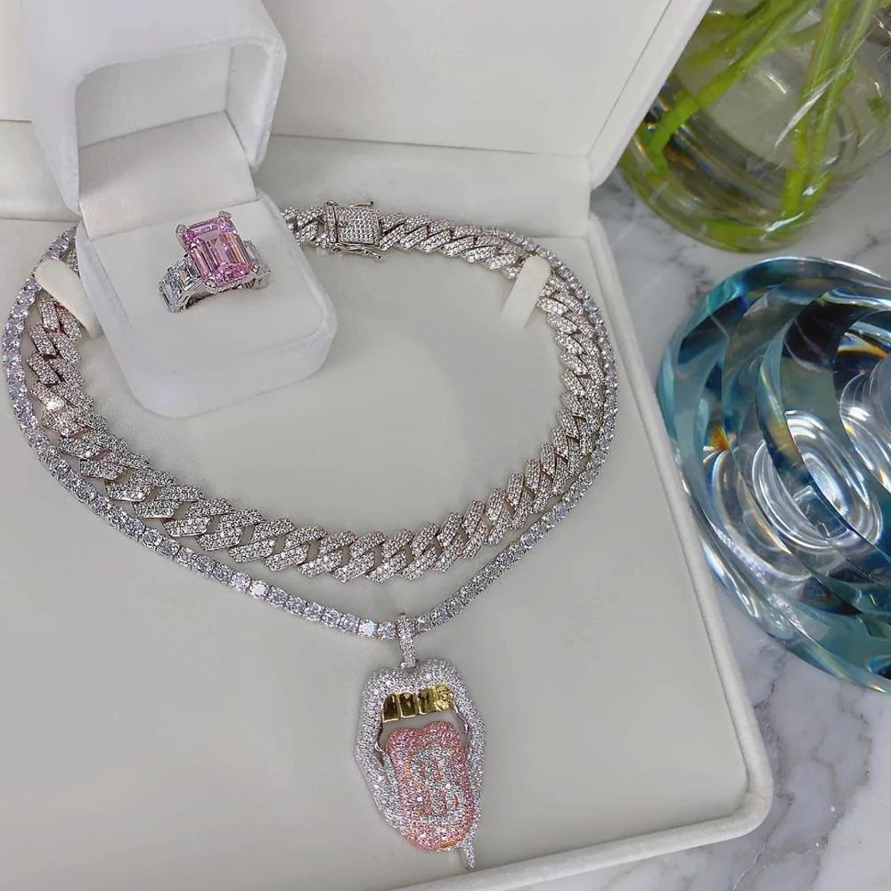 Iced Out Bling CZ Cubic Zirconia Tongue Necklace-belovejewel.com