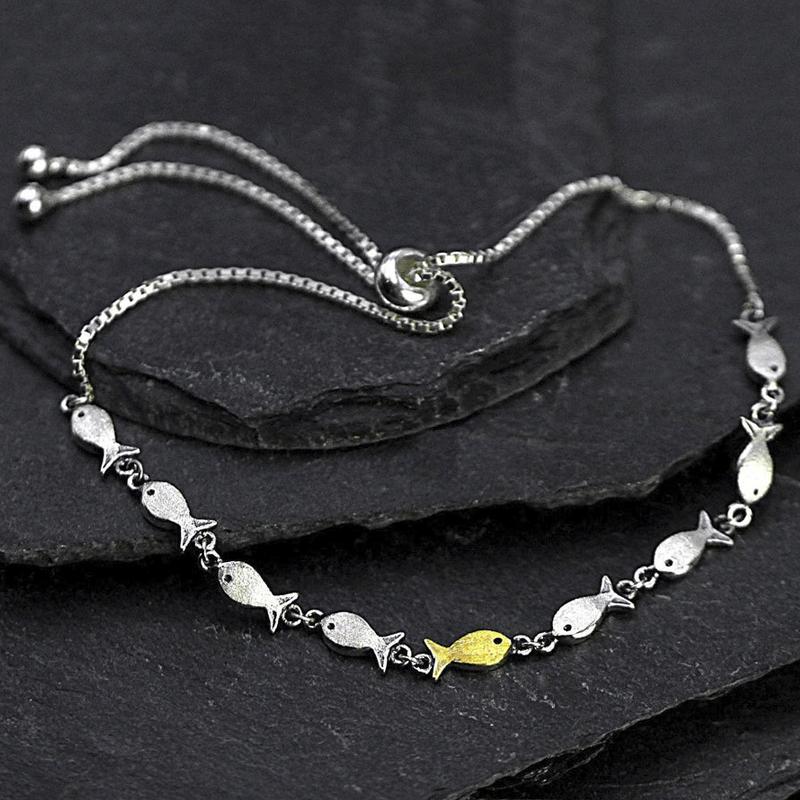 925 silver bracelet. School of fish with one golden color swimming upstream. Gift for her.