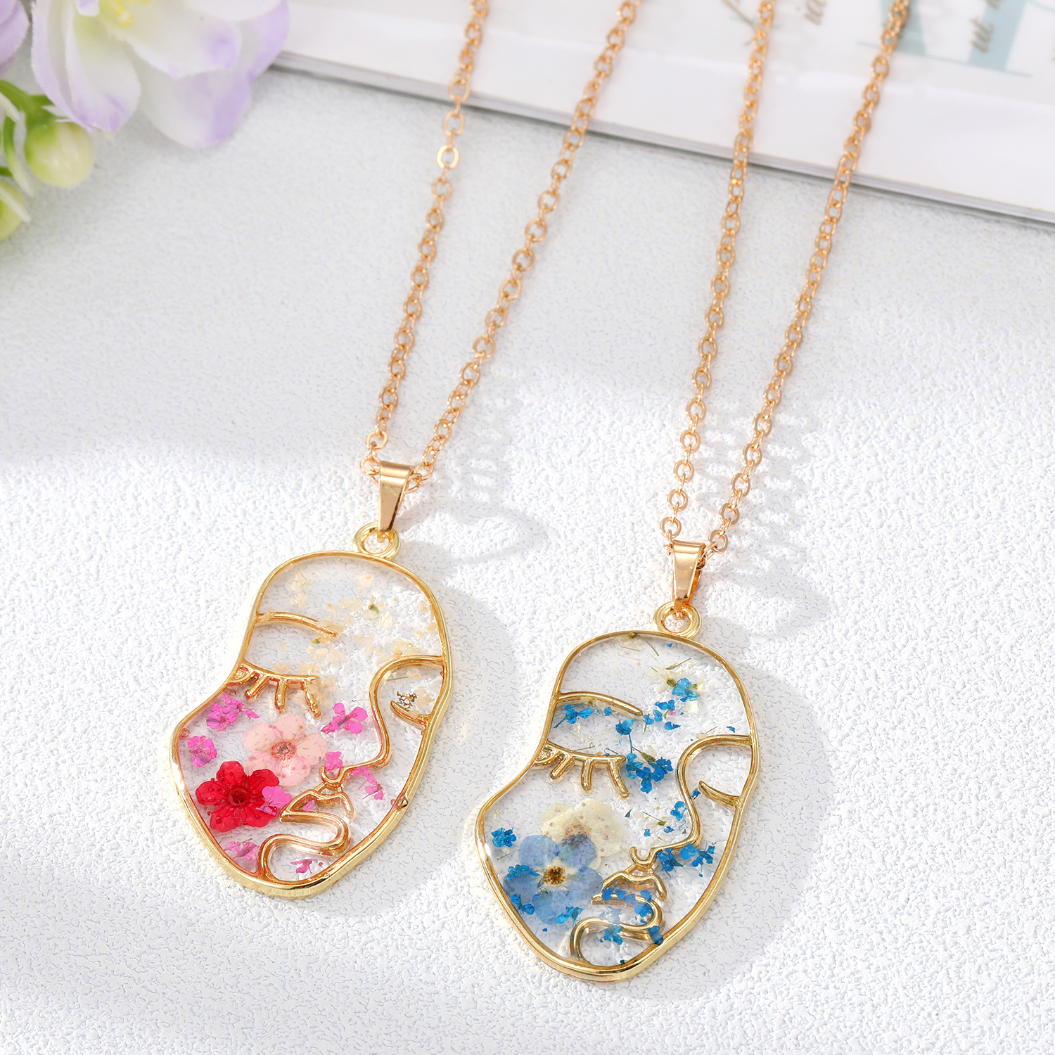 Abstract Face Forget Me Not Flower Necklace