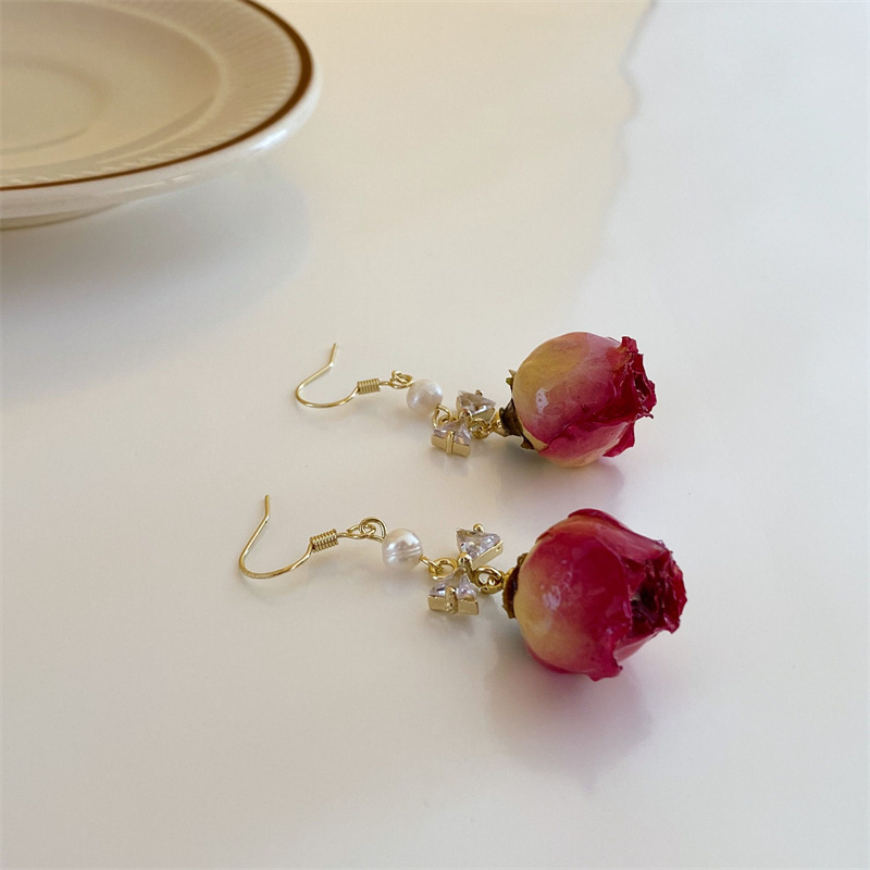 Vintage Rose Dried Flower Earrings-belovejewel.com