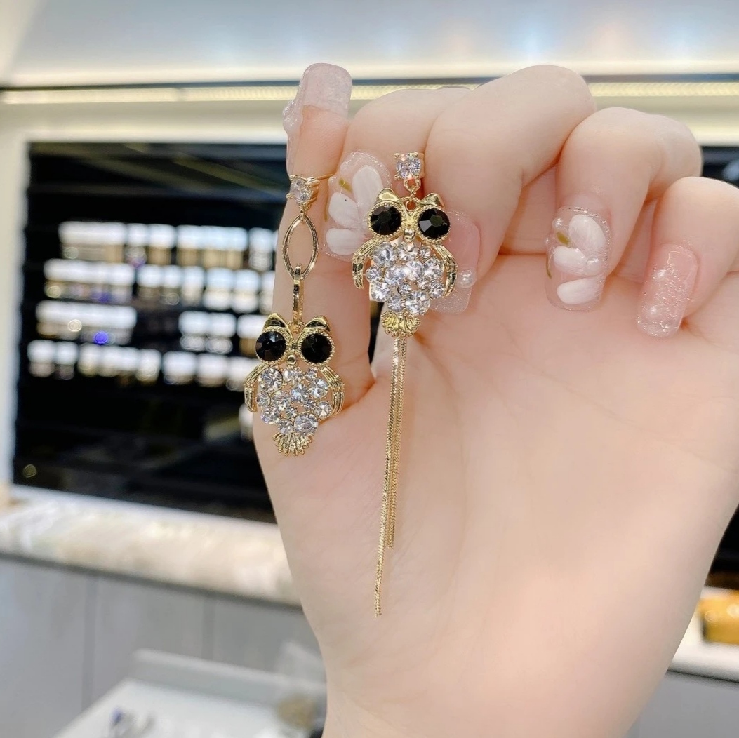🦉Asymmetrical Owl Zircon Tassel Earrings-belovejewel.com