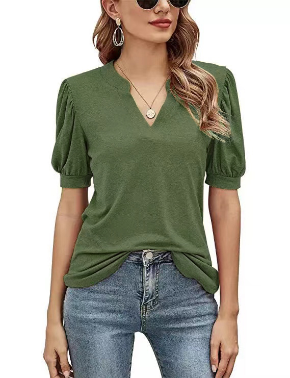 Women's Casual V-neck Solid Color Puff Sleeve Loose T-Shirt-Products will be shipped after 2.10!