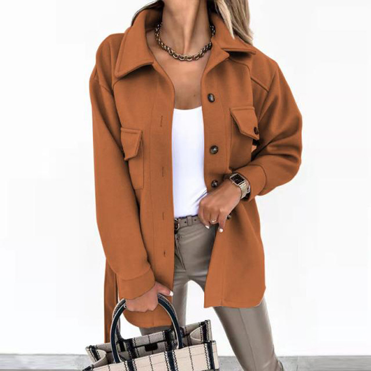Women Fashion Slit Neck Casual Woolen Coats