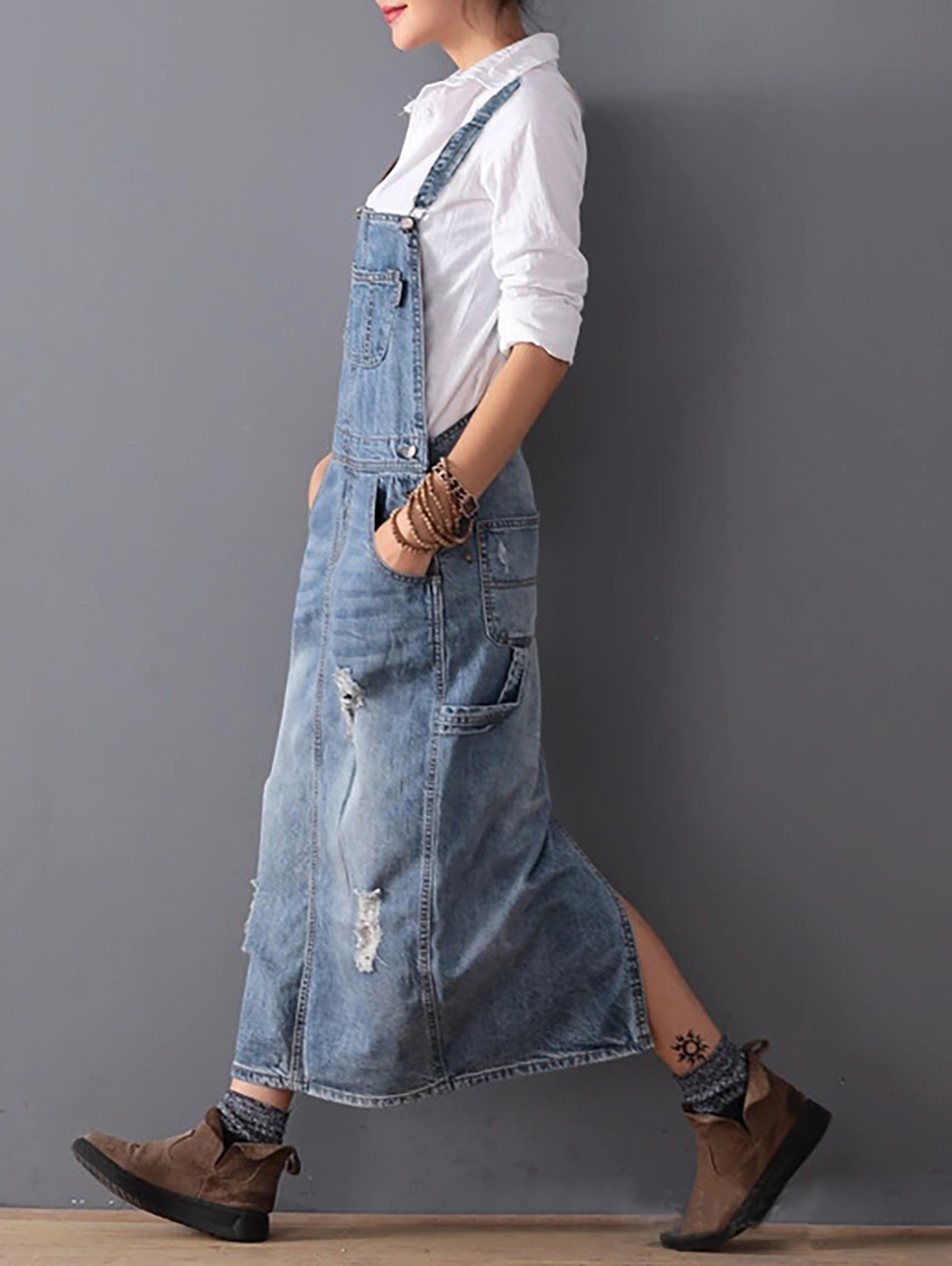 Midiross Ripped Denim Overall Dress