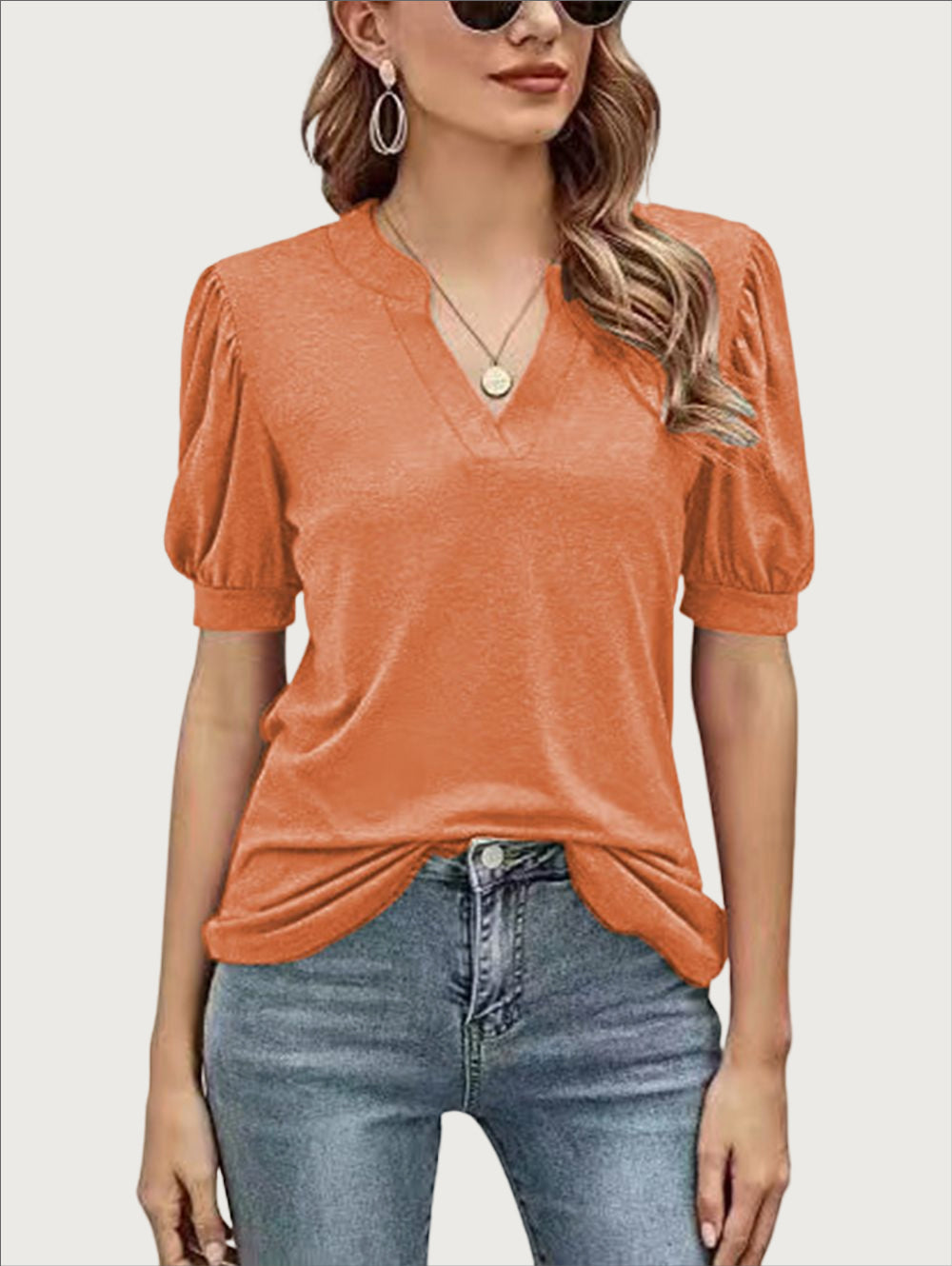 Women's Casual V-neck Solid Color Puff Sleeve Loose T-Shirt-Products will be shipped after 2.10!