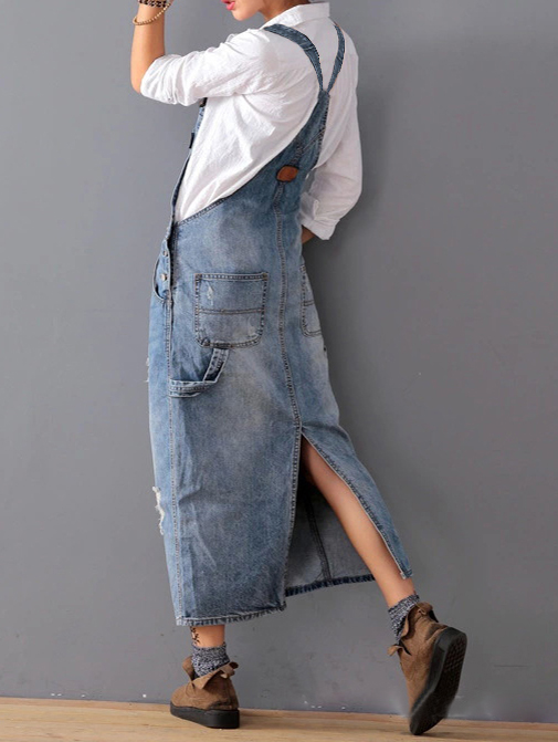 Midiross Ripped Denim Overall Dress