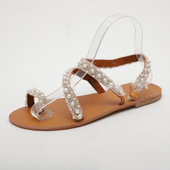Women Boho Handmade Pearl Beach Sandals Bridal Shoes