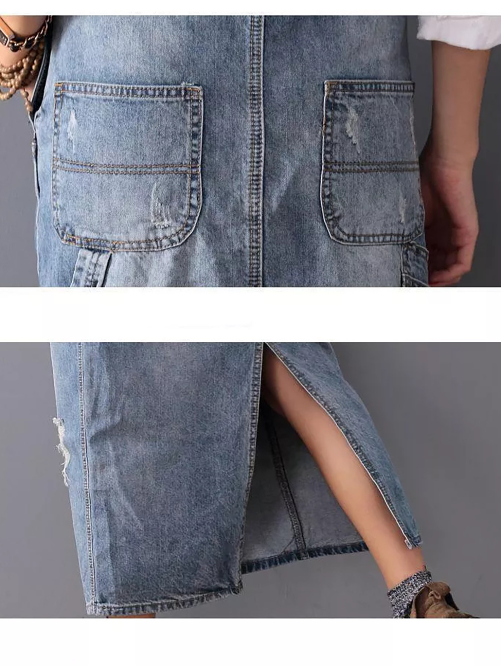 Midiross Ripped Denim Overall Dress