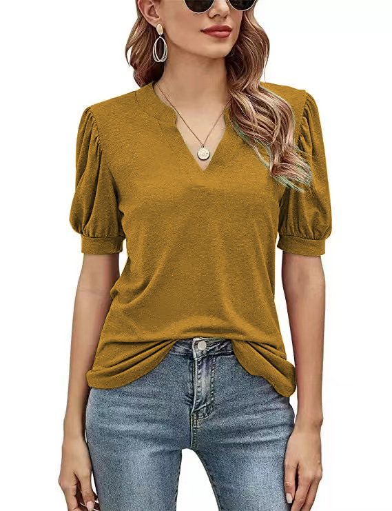 Women's Casual V-neck Solid Color Puff Sleeve Loose T-Shirt-Products will be shipped after 2.10!