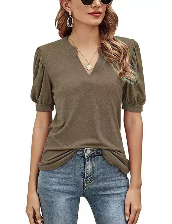Women's Casual V-neck Solid Color Puff Sleeve Loose T-Shirt-Products will be shipped after 2.10!