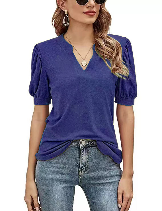 Women's Casual V-neck Solid Color Puff Sleeve Loose T-Shirt-Products will be shipped after 2.10!