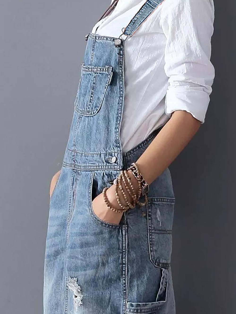 Midiross Ripped Denim Overall Dress