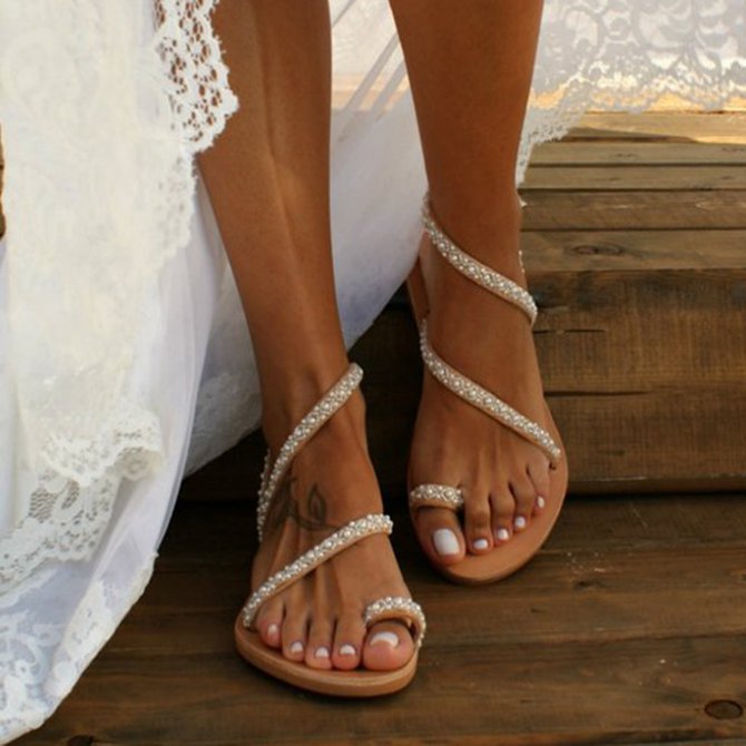 Women Boho Handmade Pearl Beach Sandals Bridal Shoes