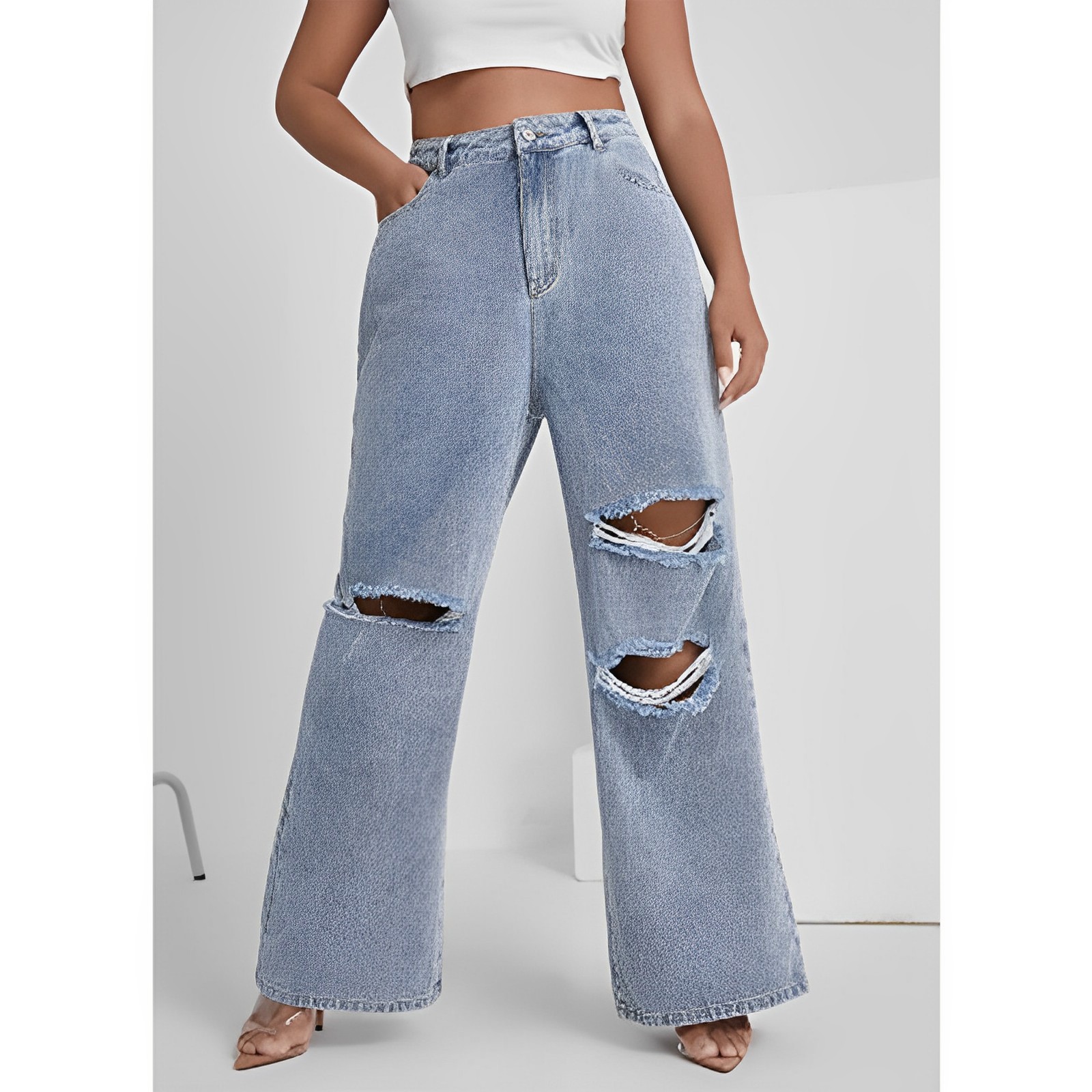 Women's Plus Size High Waist Ripped Wide Leg Jeans Baggy Denim Pants