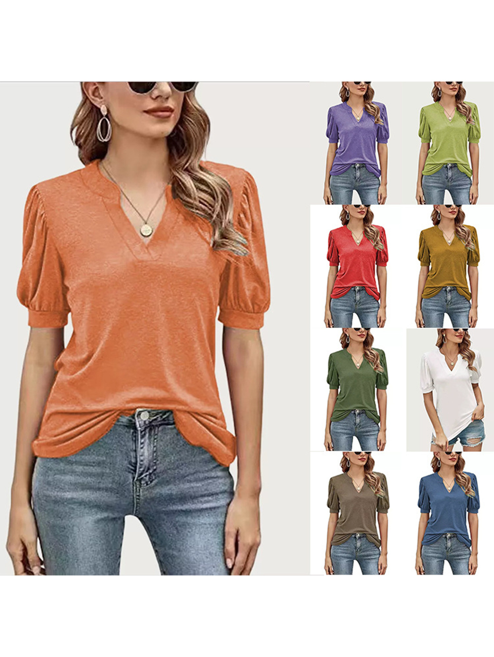 🔥🔥🔥🔥Women's Casual V-neck Solid Color Puff Sleeve Loose T-Shirt-Products will be shipped after 2.10!
