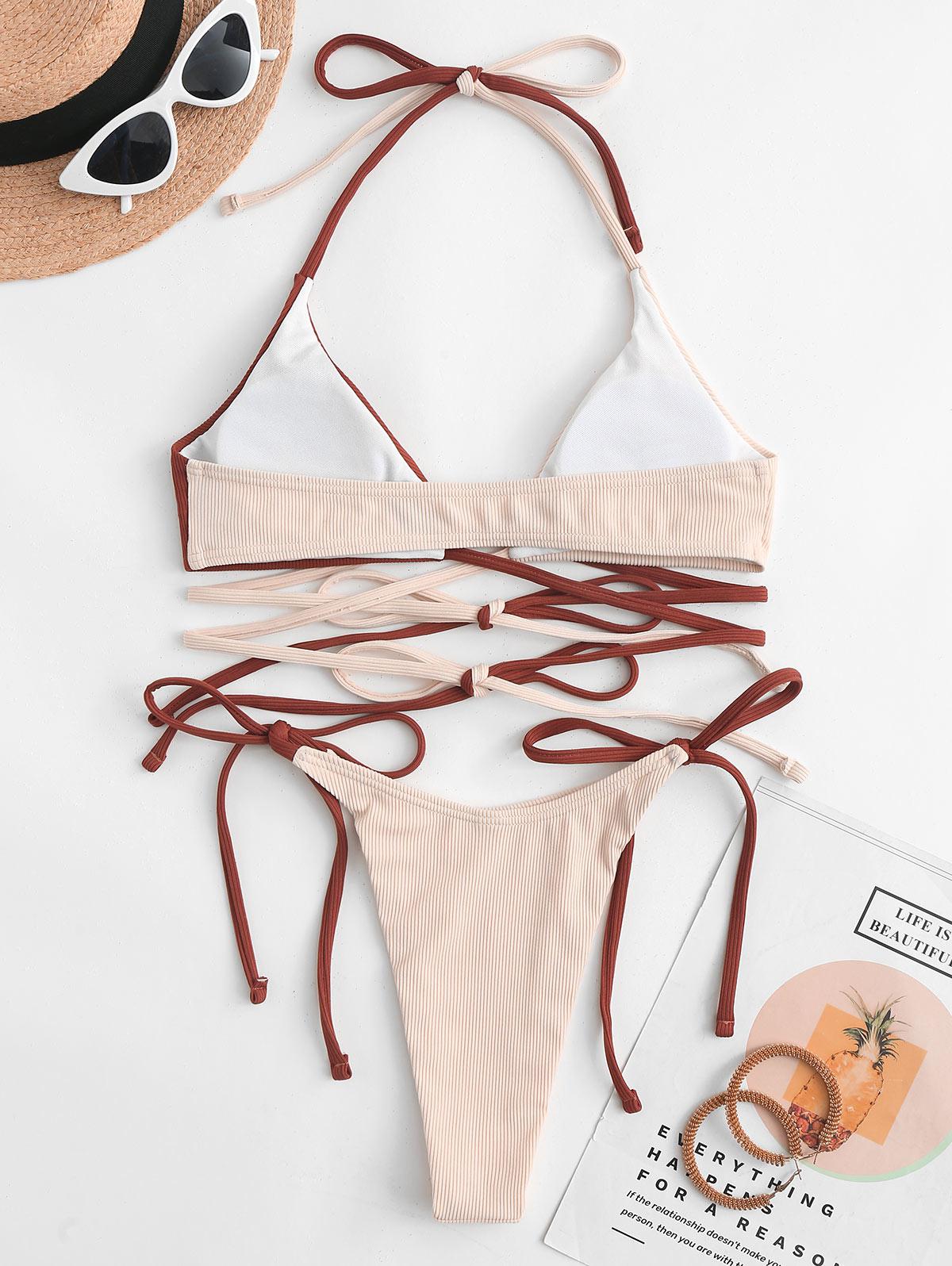 Ribbed Cross Two Tone Tie Bikini Swimwear