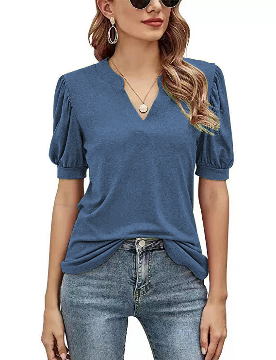 Women's Casual V-neck Solid Color Puff Sleeve Loose T-Shirt-Products will be shipped after 2.10!
