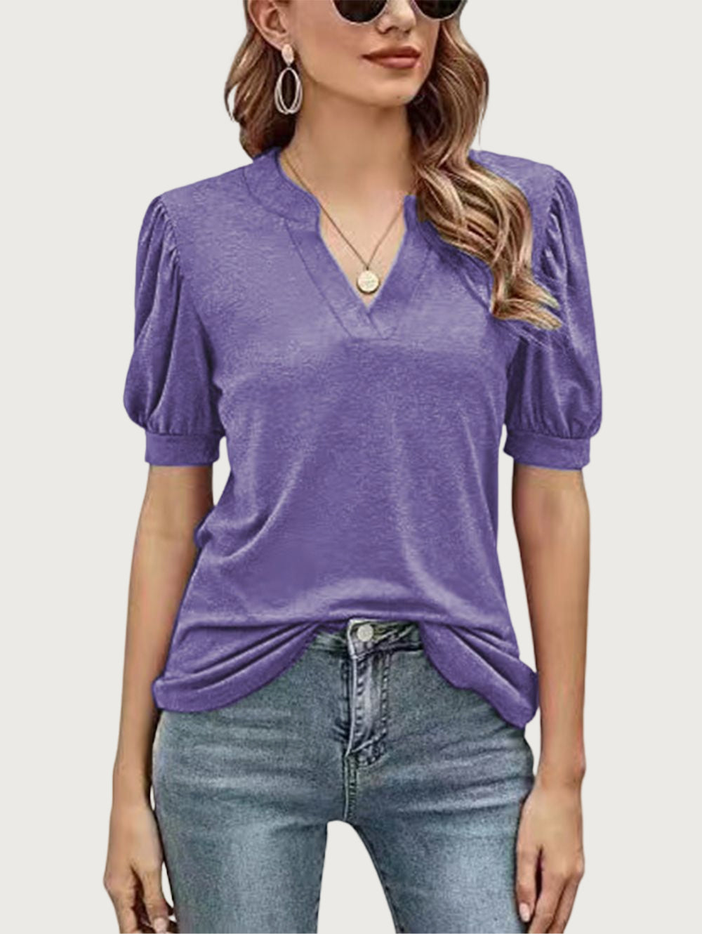 Women's Casual V-neck Solid Color Puff Sleeve Loose T-Shirt-Products will be shipped after 2.10!