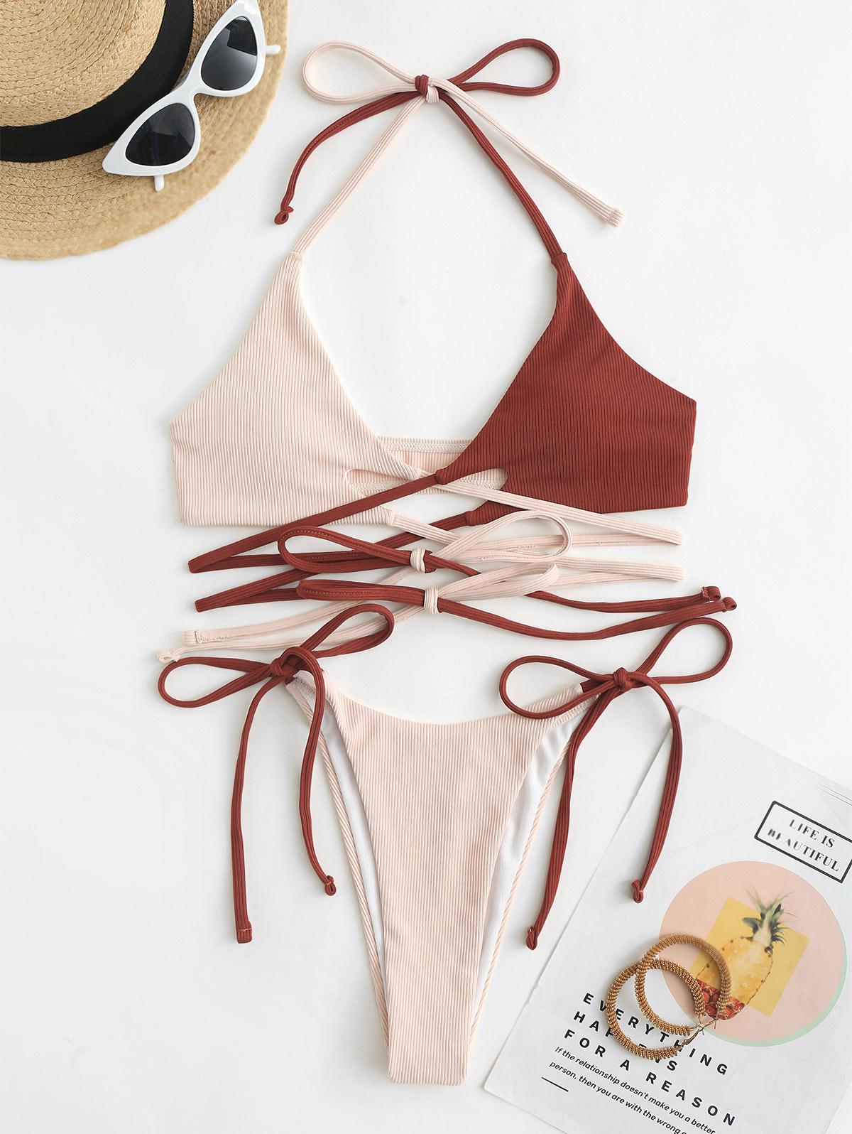 Ribbed Cross Two Tone Tie Bikini Swimwear
