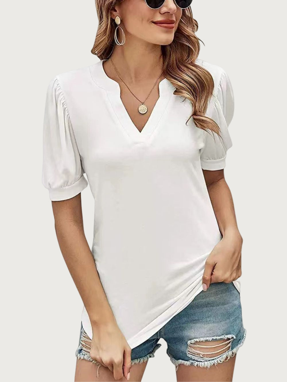 Women's Casual V-neck Solid Color Puff Sleeve Loose T-Shirt-Products will be shipped after 2.10!
