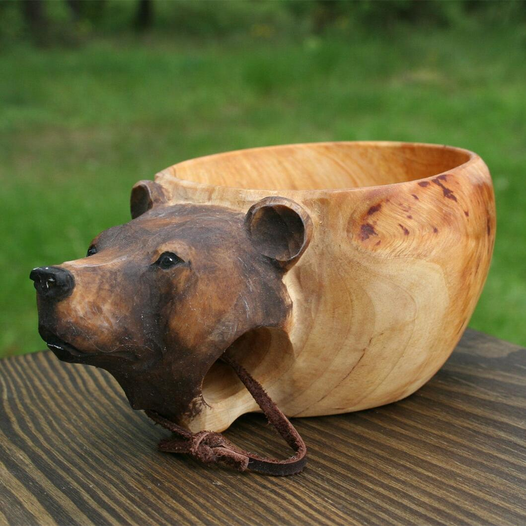 Hand Carved Animal Head Wooden Mug