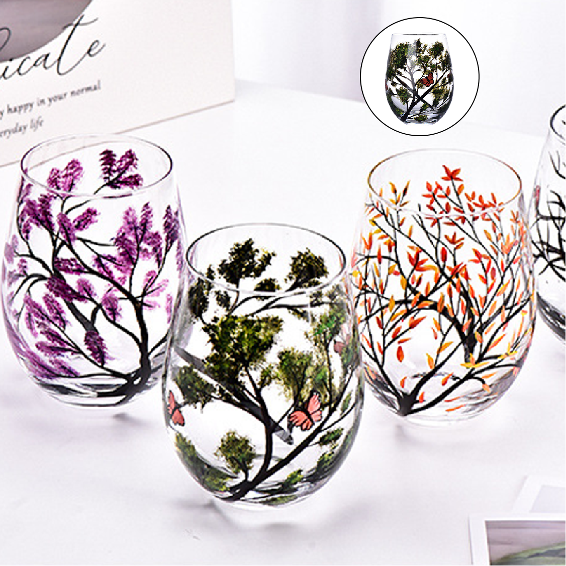 ✨Four Seasons Tree Wine Glasses 🥂 Hand Painted Art
