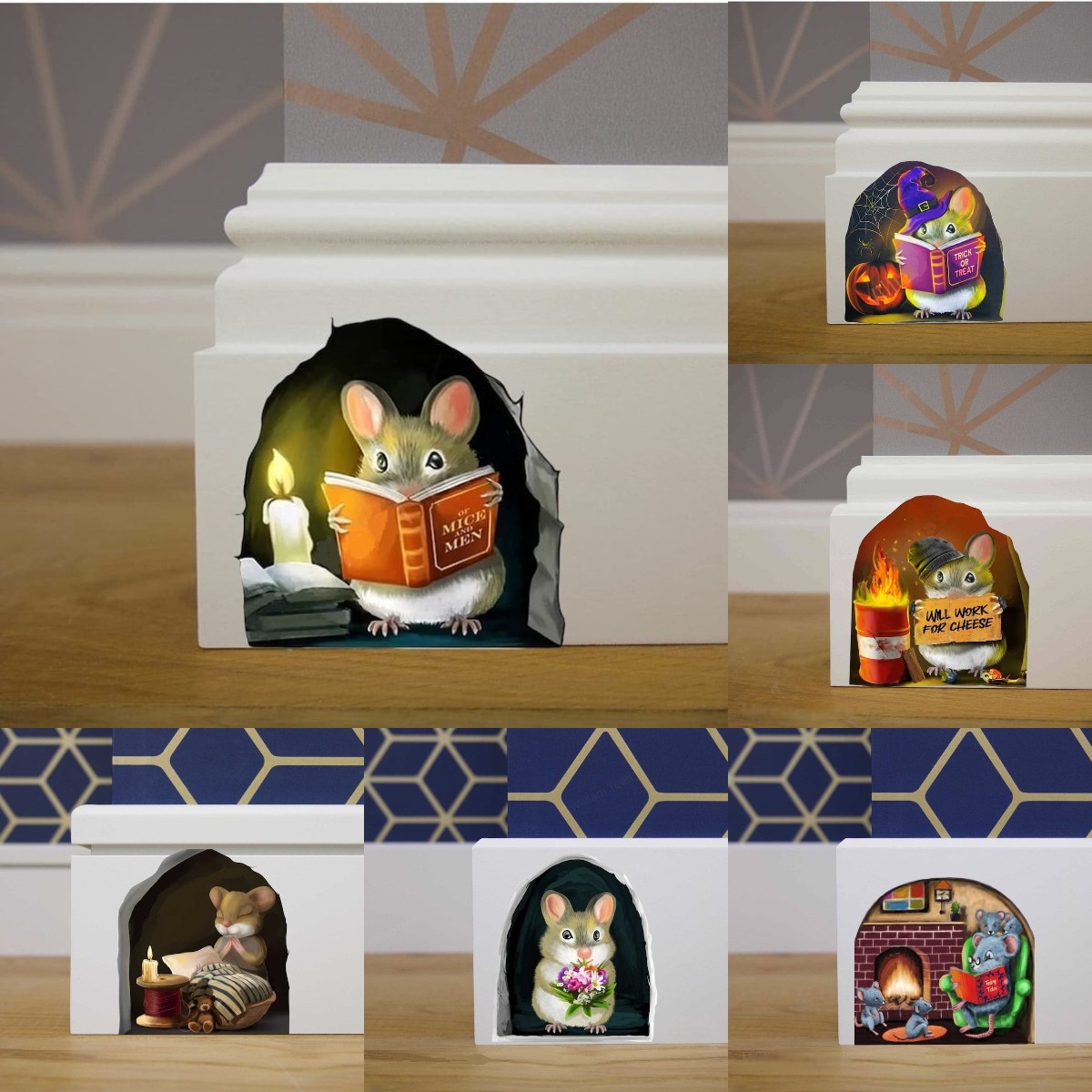 🐭3D Mouse Reading Book in Mouse Hole - Wall Decal Sticker-EchoDecor