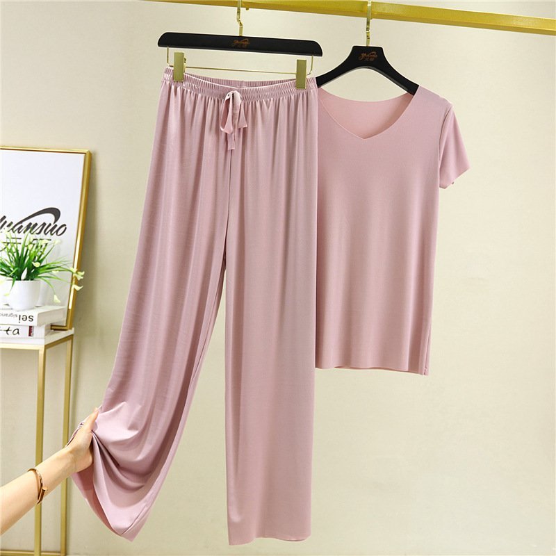 Ice Silk Short Sleeve T-Shirt with loose wide leg pants Set-EchoDecor