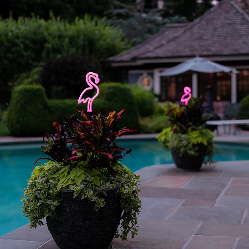 Solar LED Neon Pink Flamingo Friendly Garden Stake Light Sign-EchoDecor