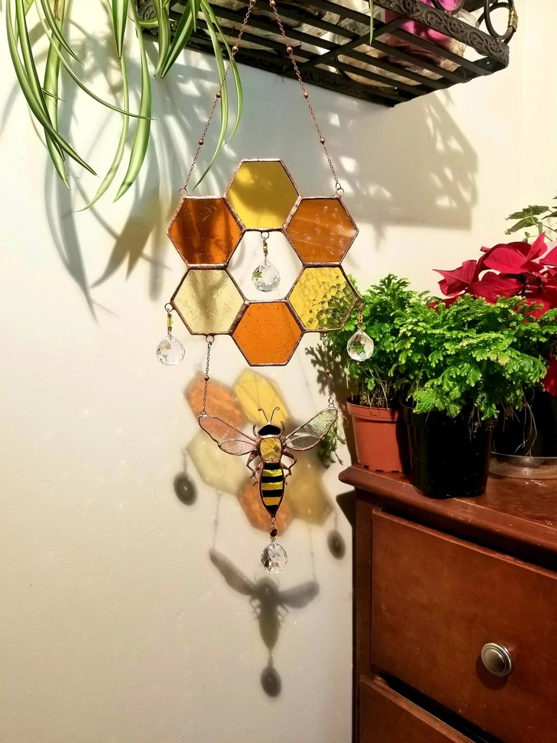 🐝Clear Stained honeycomb bee suncatcher-EchoDecor