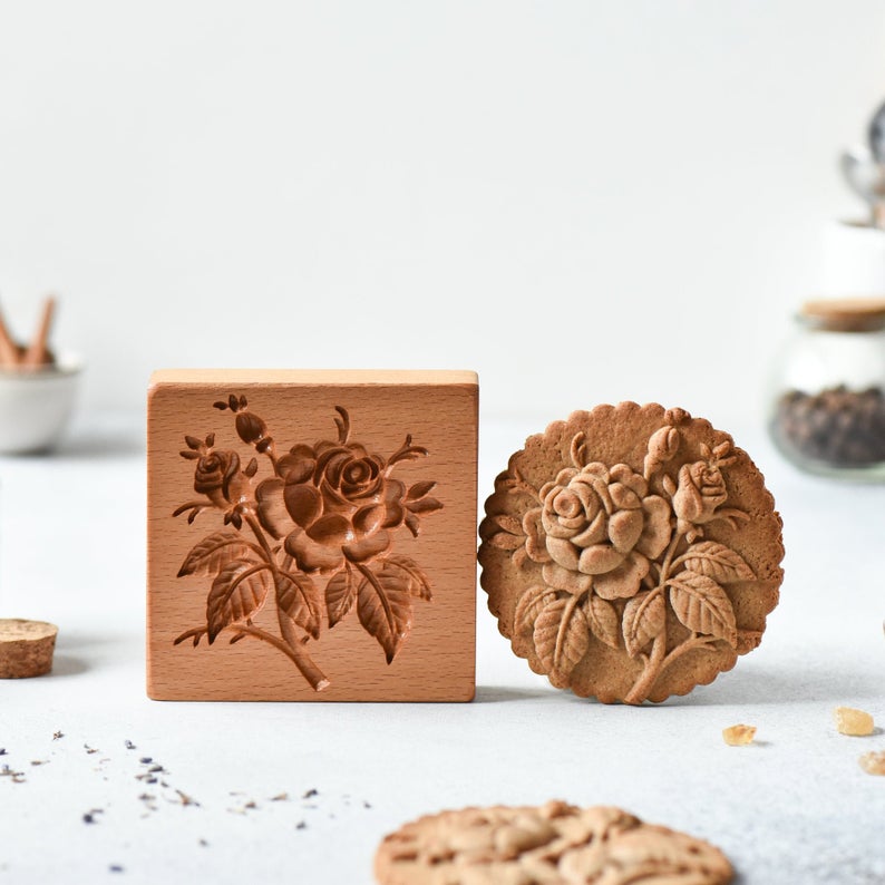 Provance rose cookie stamp-Pine cone cookie stamp-Cookie cutter rose - Wooden gingerbread or shortbread cookie mold-Etcy Decor