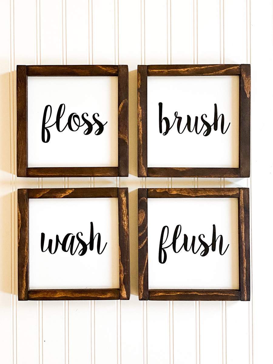 Bathroom framed wood sign set Brush, Floss, Wash, Flush / Set of 4 bathroom decor signs-Etcy Decor