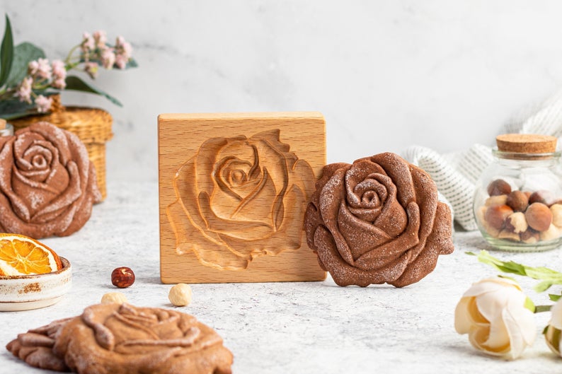 Provance rose cookie stamp-Pine cone cookie stamp-Cookie cutter rose - Wooden gingerbread or shortbread cookie mold-EchoDecor