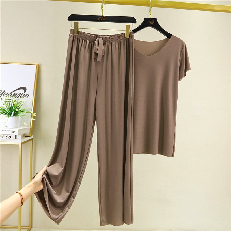 Ice Silk Short Sleeve T-Shirt with loose wide leg pants Set-EchoDecor