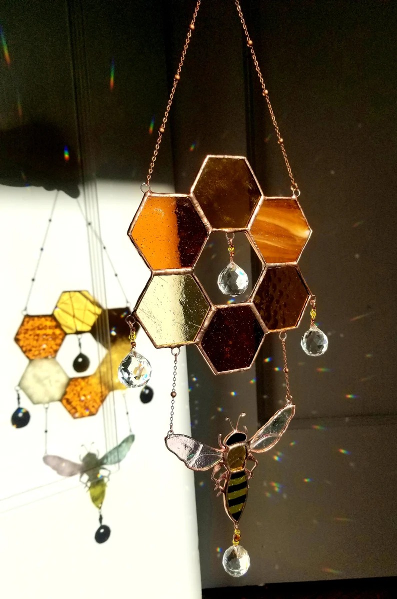 Stained glass honeycomb and bee suncatcher