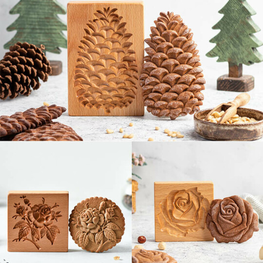 Provance rose cookie stamp-Pine cone cookie stamp-Cookie cutter rose - Wooden gingerbread or shortbread cookie mold-EchoDecor