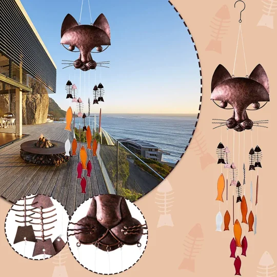 🐱Handcrafted Metal Cat and Fish Wind Chime🎏-EchoDecor